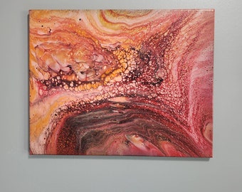 May include: Abstract painting on canvas with swirling patterns in shades of red, orange, yellow, and brown.