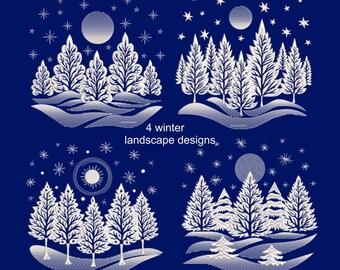 4 Christmas embroidery embroidery designs, Winter landscape embroidery designs, Instant download