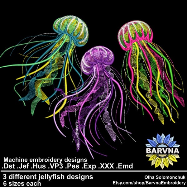 Machine embroidery designs Jellyfish. Ocean embroidery designs. 3 designs, 6 sizes each. Instant download