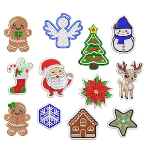 Może przedstawiać: Zestaw 12 świątecznych naszywek do haftu. Wzory obejmują piernikowego ludzika, anioła, choinkę, bałwana, skarpetę, Świętego Mikołaja, gwiazdę betlejemską, renifera, piernikową kobietę, płatek śniegu, domek i gwiazdę.