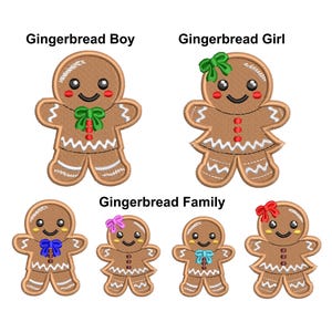 以下が含まれることがあります： 刺繍されたジンジャーブレッドのデザイン。男の子、女の子、家族が含まれています。ジンジャーブレッドの男の子は緑の蝶ネクタイ、女の子は緑のリボンをしています。家族は様々なリボンの色のジンジャーブレッドの姿を特徴としています。「Gingerbread Boy」、「Gingerbread Girl」、「Gingerbread Family」の文字が表示されています。