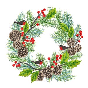 Wieniec bożonarodzeniowy Wzory haftu maszynowego, Wzór haftu gałązki szyszki, Natychmiastowe pobranie