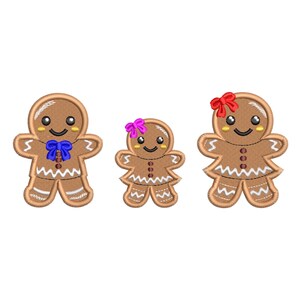 以下が含まれることがあります： 笑顔と装飾的なリボンが付いた、刺繍されたジンジャーブレッドの3つの人形。 ジンジャーブレッドファミリーには、青いリボンの男性、ピンクのリボンの女性、赤いリボンの別の女性が含まれます。 デザインは白い背景にあります。
