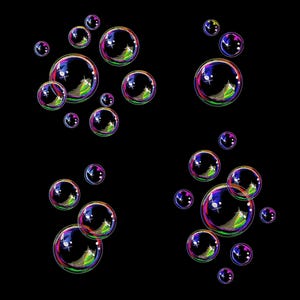Könnte beinhalten: Eine digitale Illustration von mehreren schillernden Blasen, die vor einem schwarzen Hintergrund schweben. Die Blasen reflektieren ein Farbspektrum, darunter Rosa, Grün und Blau, mit Glanzlichtern, die ein Gefühl von Tiefe und Realismus erzeugen. Das Bild hat ein skurriles und verspieltes Thema.