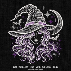May include: An embroidery design featuring a person wearing a pointed witch hat with a purple band and buckle. The design includes long wavy hair, a crescent moon, two bats, and several stars in white and purple thread on a black background.