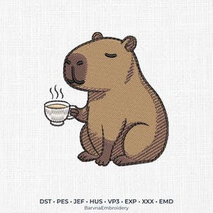 May include: An embroidery design featuring a brown capybara sitting and holding a small white cup of steaming coffee. The design includes the text BarvnaEmbroidery and file formats DST, PES, JEF, HUS, VP3, EXP, XXX, and EMD at the bottom.