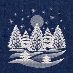 May include: An embroidery design on a dark blue fabric background featuring a winter forest scene. White thread depicts five tall pine trees, two smaller trees in the foreground, a large circular moon, and multiple starburst shapes in the night sky.