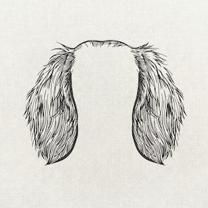 May include: A black and white line drawing of a dog's head, focusing on the ears and the top of the head. The ears are long and floppy, with detailed lines to show the texture of the fur. The background is a plain, off-white color.
