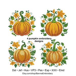 Conjunto de 4 diseños de bordado de calabazas otoñales, diseños de bordado de otoño, descarga instantánea