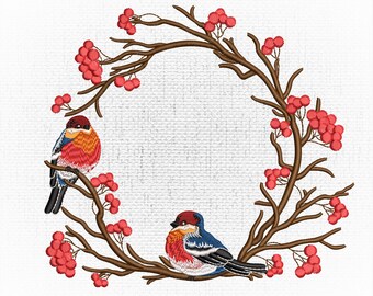 Handmade embroidery on a canvas sparrow bullfinch on a branch crafting home decor for wall