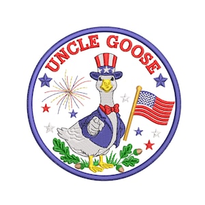 May include: Embroidered patch featuring a goose dressed as Uncle Sam, wearing a patriotic hat and suit, holding a flag. The design includes fireworks, stars, and the text "UNCLE GOOSE" in red, all within a blue circular border.