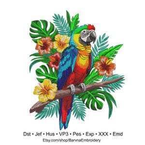 Tropical Macaw Embroidery Design – Bird Parrot with Flowers and Leaves – Instant Download