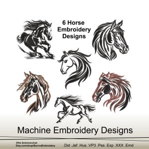 6 horse Embroidery designs for Machine, Animals embroidery files, Digital download