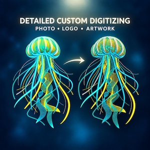Op de afbeelding: Een digitale afbeelding toont een illustratie van een kwal die verandert in een geborduurde versie. De tekst bovenaan luidt DETAILED CUSTOM DIGITIZING PHOTO • LOGO • ARTWORK. De kwal heeft levendige blauwe en gele vloeiende tentakels.