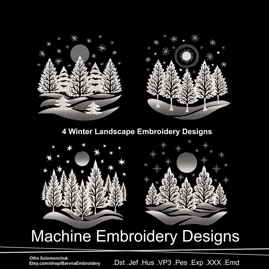 4 Winter Embroidery Designs for Machine, Winter Landscape Embroidery ...
