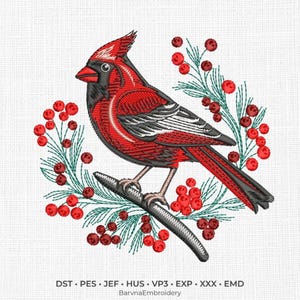 Cardinal Bird Embroidery Design, Realistic Machine Embroidery File, Winter Red Berry Pattern (Instant Download)