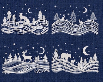 Winter Landscape Embroidery Design Set, 4 Woodland Animal Machine Files (Instant Download)