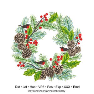 Christmas wreath Machine embroidery designs, Pine cone branch embroidery design, Instant download