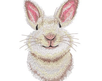 Desenho de bordado de coelho sorridente, retrato realista de coelho, arquivo de bordado à máquina de animais (download instantâneo)
