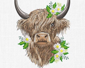 Highland Cow Embroidery Design Machine Embroidery File With Daisy Flowers (Instant Download)