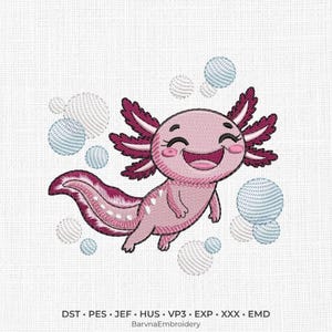 Axolotl Stickdatei, Maschinenstickerei für Kinder, Kawaii Bubble Tiermuster (Instant Download)
