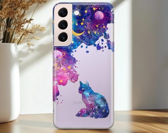 Galactic Cat case fits Samsung S25 Ultra S24 Plus S23 S22 S21 FE 5G Galaxy A73 A01 A52 Watercolor Space Art Celestial Protective phone cover