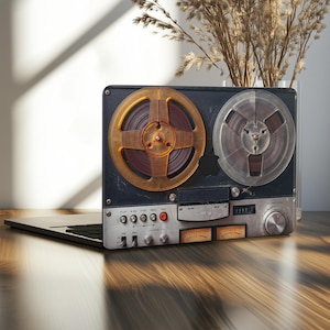 Op de afbeelding: Een laptopskin met een gedetailleerde afbeelding van een vintage bandrecorder. Het ontwerp bevat twee grote ronde spoelen, één amberkleurig en één transparant, tegen een donkere achtergrond met zilveren bedieningspanelen, knoppen en analoge meters.