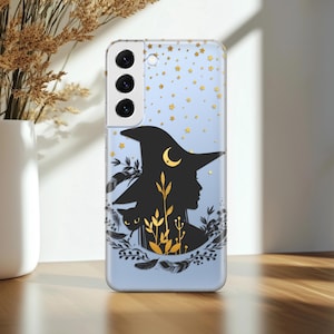 Witch Silhouette for Samsung Note 10 20 s20 FE Case Halloween Phone Galaxy S8 Cover 5G A60 S21 Plus S22 black cat gold moon stars witchy hat