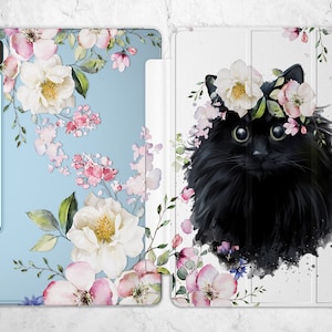 Black Cat print for Samsung A 10.1 case Galaxy s7 FE plus a7 10.4 Tablet s2 Flower crown s8 Animal Floral clear flip cover S5e 9.7 10.5 8 S6