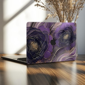 Paarse bloemen Mac Book Air 15-inch 13-inch M4 M3 M2 M1-hoes elegante gouden accenten MacBook Pro 14 16 inch luxe harde hoes 2023 2025 A3241