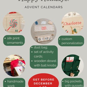 Puede incluir: Un calendario de adviento con adornos estampados en seda, una bolsa con el texto MAGIC INSIDE, tarjetas de actividades, un palo de madera con pomos esf&eacute;ricos, personalizaci&oacute;n con el nombre Charlotte, trabajo hecho a mano y bolsillos grandes.