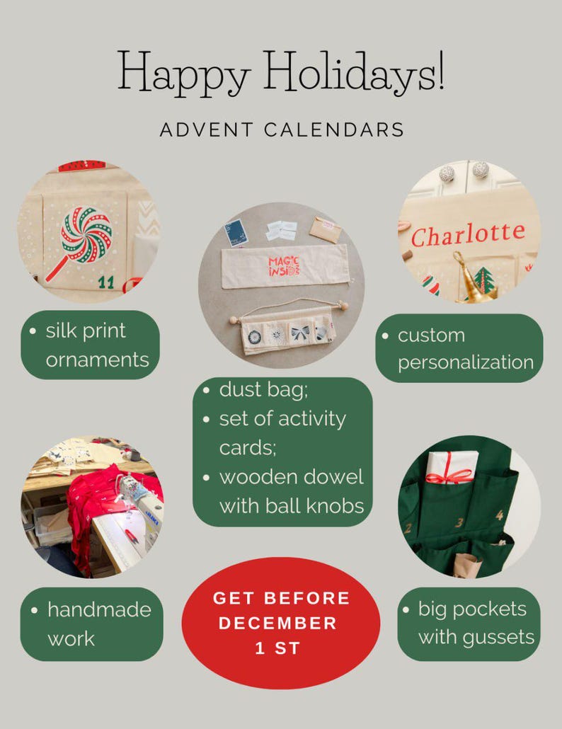 Puede incluir: Un calendario de adviento con adornos estampados en seda, una bolsa con el texto MAGIC INSIDE, tarjetas de actividades, un palo de madera con pomos esf&eacute;ricos, personalizaci&oacute;n con el nombre Charlotte, trabajo hecho a mano y bolsillos grandes.