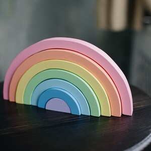 Wooden rainbow stack Montessori Puzzle Wooden arch toy organic wooden toy pastel image 3