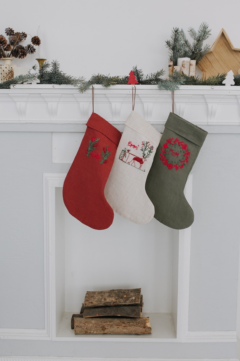 personalize christmas stocking Linen personalise embroidery stockings image 1