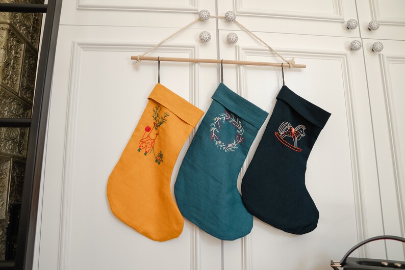personalize christmas stocking Linen personalise embroidery stockings image 3