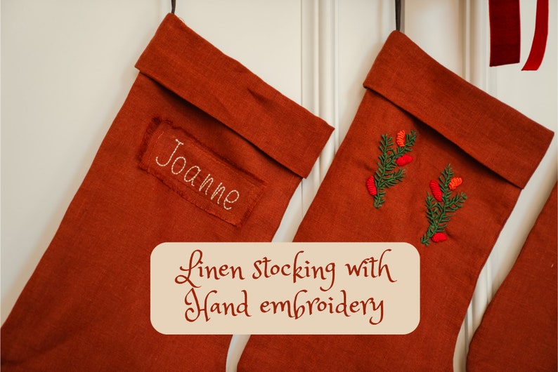 personalize christmas stocking Linen personalise embroidery stockings image 2