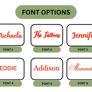 Puede incluir: Un gr&aacute;fico titulado FONT OPTIONS que muestra seis estilos de texto distintos en rojo. Cada estilo est&aacute; etiquetado de FONT 1 a FONT 6 sobre fondos verdes. Los nombres Michaela, The Fallons, Jennifer, EDDIE, Addison y Alexander se muestran como ejemplos.