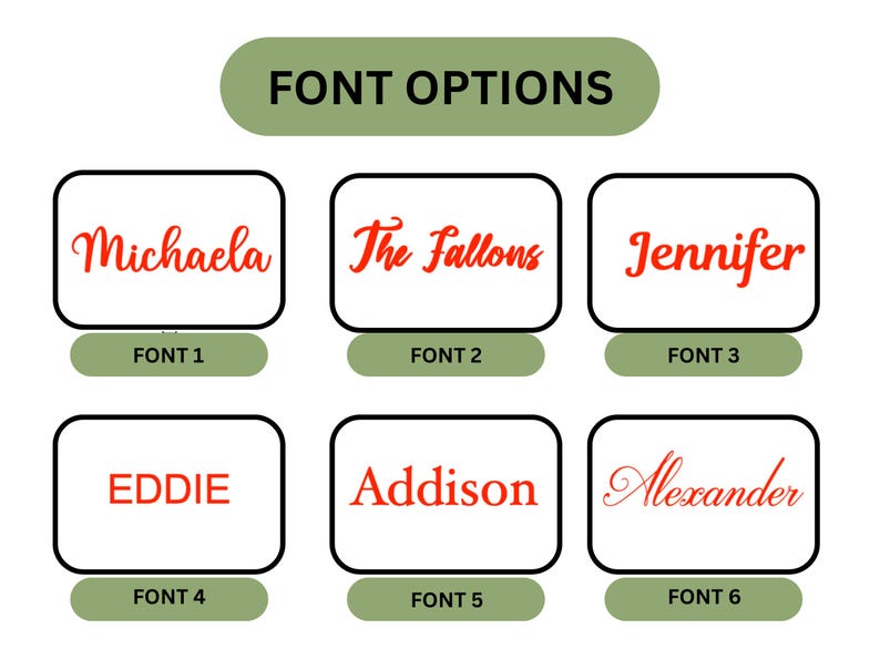 Puede incluir: Un gr&aacute;fico titulado FONT OPTIONS que muestra seis estilos de texto distintos en rojo. Cada estilo est&aacute; etiquetado de FONT 1 a FONT 6 sobre fondos verdes. Los nombres Michaela, The Fallons, Jennifer, EDDIE, Addison y Alexander se muestran como ejemplos.