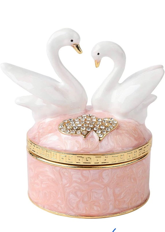 Swan Trinket Box Hinged Swarovski Crystal Enamele… - image 3