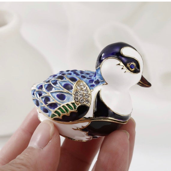 Hand Painted Enamel Duck Trinket Box, Hinged Jewe… - image 2