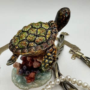 May include: A decorative turtle figurine with a detailed shell in shades of green, gold, and brown, perched on a coral-like base. A blue gem accents the turtle's eye.  A pearl necklace and braided metal necklaces are also visible.