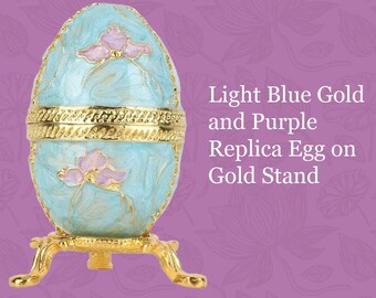 Fabergé Art Hellblau Gold snd Lila Replik Ei auf Goldständer. Kleines Schmuckkästchen für Schmuckstücke oder Ringe in kleinen 3ei.