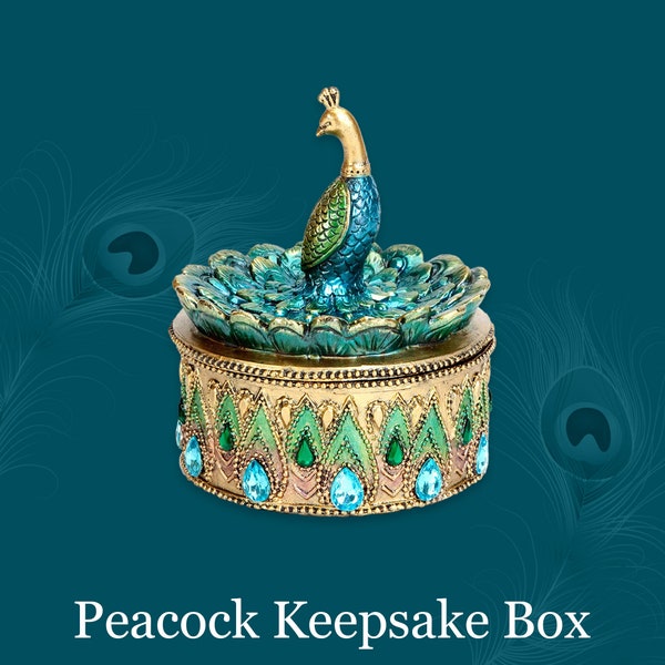 Peacock Keepsake Box - Peacock Art - Golden Jewelry Box. Great gift, collectible or decor.
