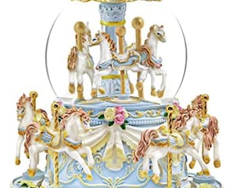 Light blue merry go round carousel with horses on top and bottom. It plays you are my sunshine.. Great for baby’s room decor. 6x6x10