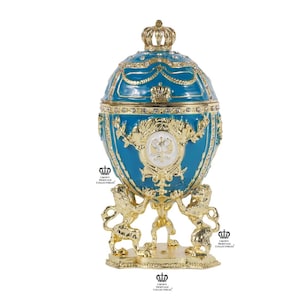 Imperial Faberge large Cerulean blue and gold pewter plated coronation egg. Great for decor! Great for a family or friend gift!
