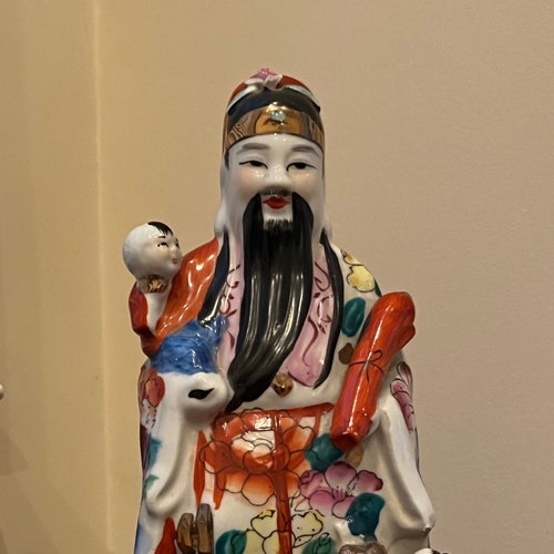 Vintage Fu Lu Xing god of prosperity Star god of shops wisdom and good fortune. Figurine of porcelain handpainted. Excellent shape”