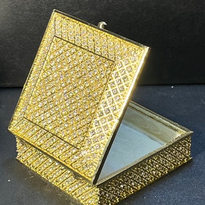 Gold colored jewelry box, trinket box, old Hollywood glamour, gift or home decor, raised jewelry box inlayed with Austrian crystals