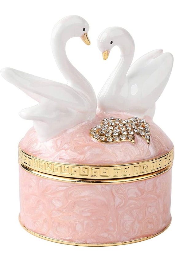 Swan Trinket Box Hinged Swarovski Crystal Enamele… - image 2