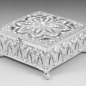 Luxurious Silver plated jewelry box, trinket box, jewelry holder, gift or home decor, raised jewelry box inlayed with Austrian crystals