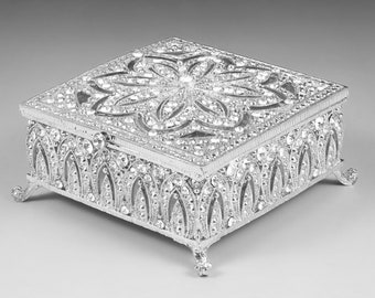 Luxurious Silver plated jewelry box, trinket box, jewelry holder, gift or home decor, raised jewelry box inlayed with Austrian crystals